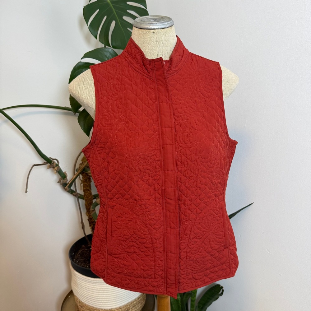 Spanner Quilted Vest Womens Small Red Floral Paisley Zip Up F06461 Lightweight
